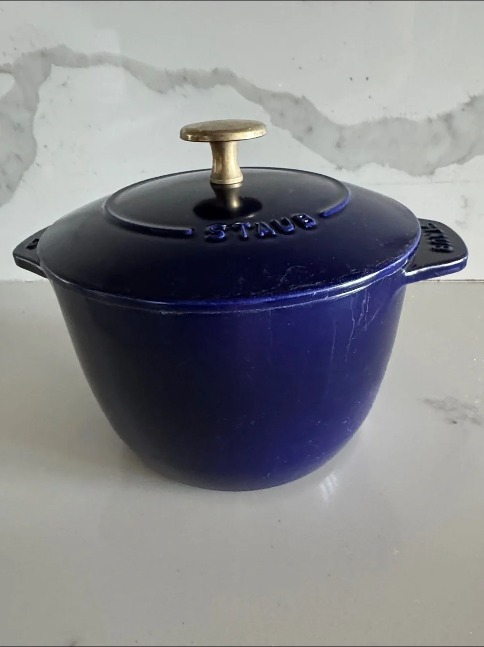 Staub Navy Blue Cast Iron Petite French Oven with Brass Knob
